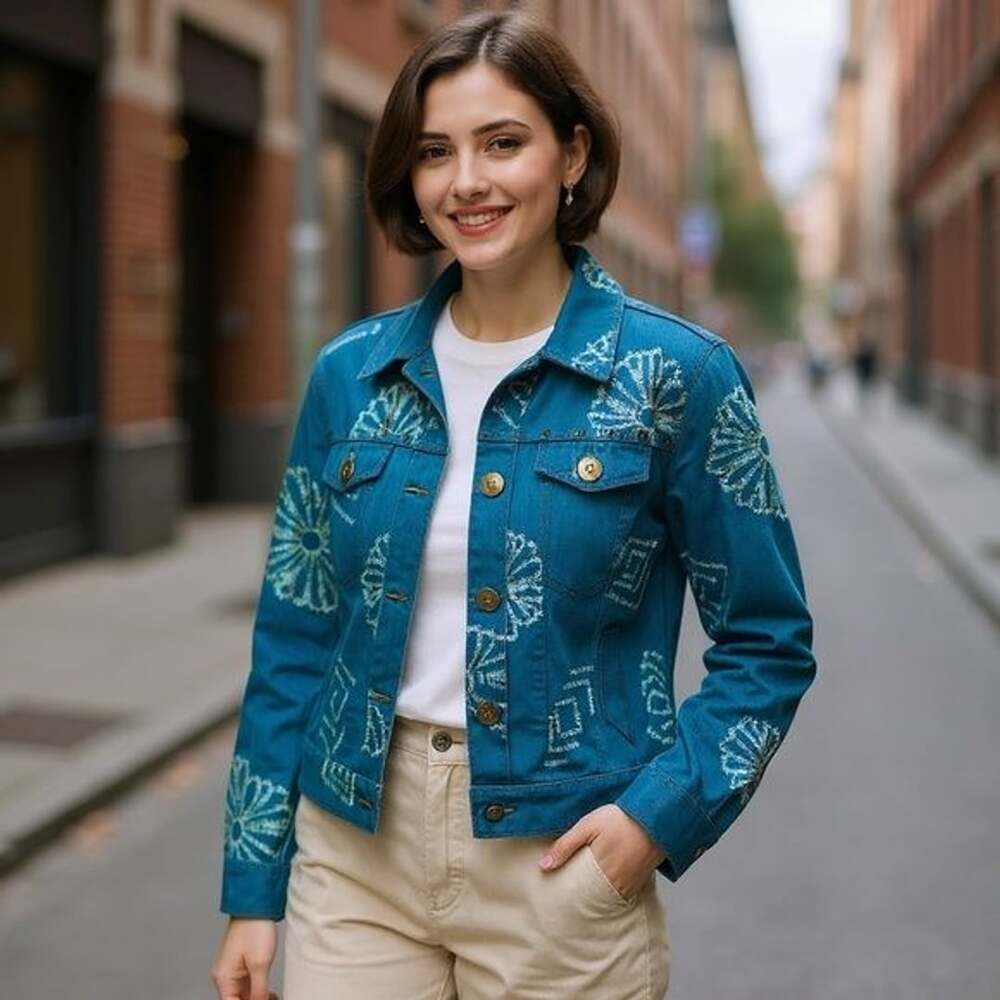 Multiples Turquoise Embroidered Denim Style Jacket with Stud Accents Size PS